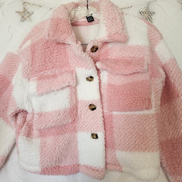 Shein XSmall 2 Sherpa Pink White Plaid Lambs Wool Cropped Jacket Cozy Cottage - Picture 1 of 10